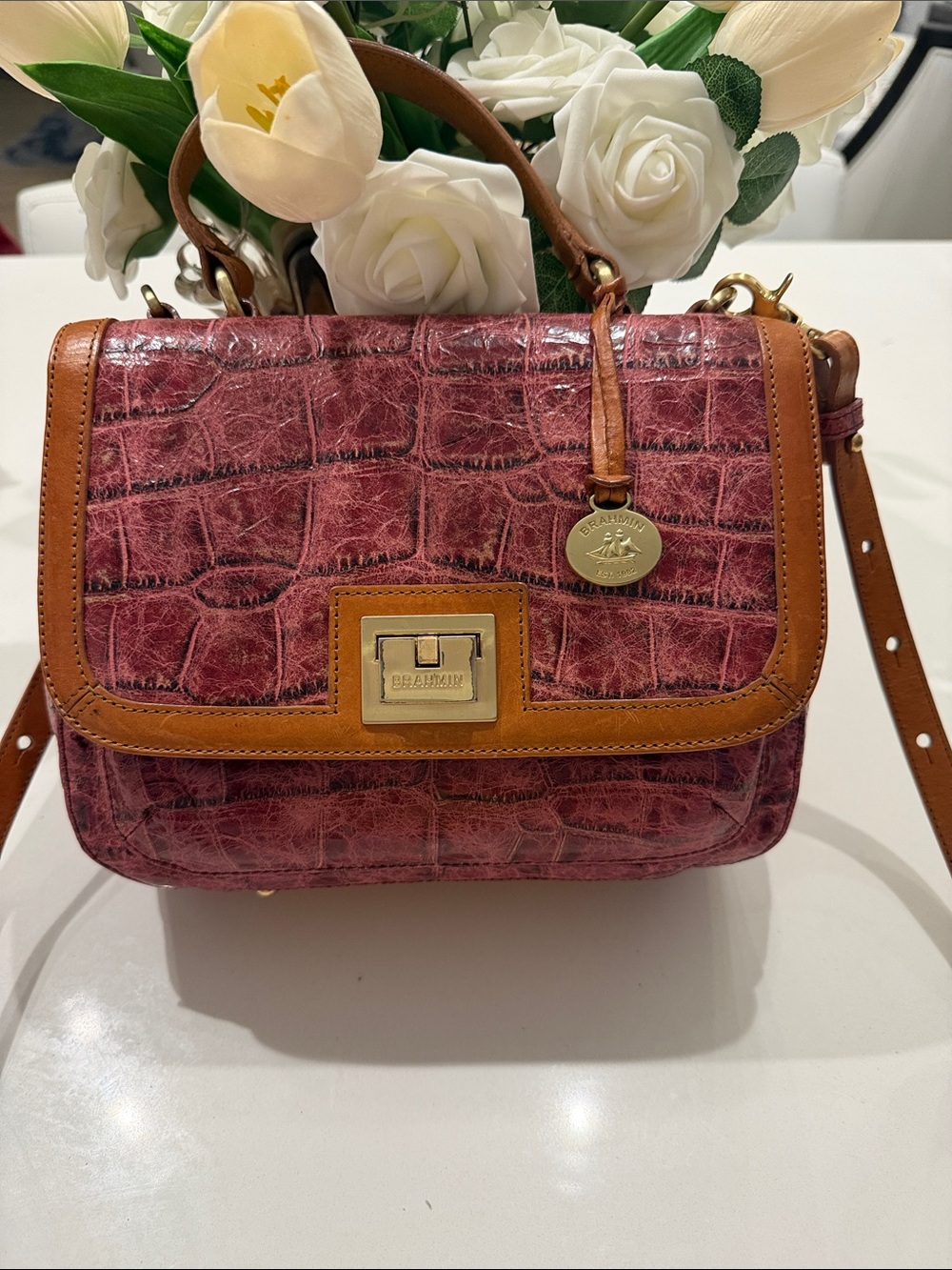 Brahmin Burgundy Croc-Embossed Crossbody with Tan Trim